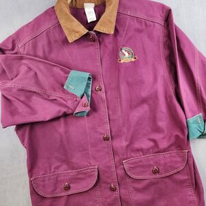 Vintage Wildlife Embroidered Barn Jacket L Plum Canvas Utility Chore Outerwear